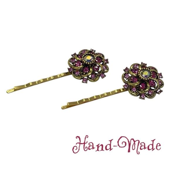 Handmade Pink Rhinestone Gold Set Hair Clips HoCo Whimsical Fairy Jewelry NWT - Picture 1 of 6